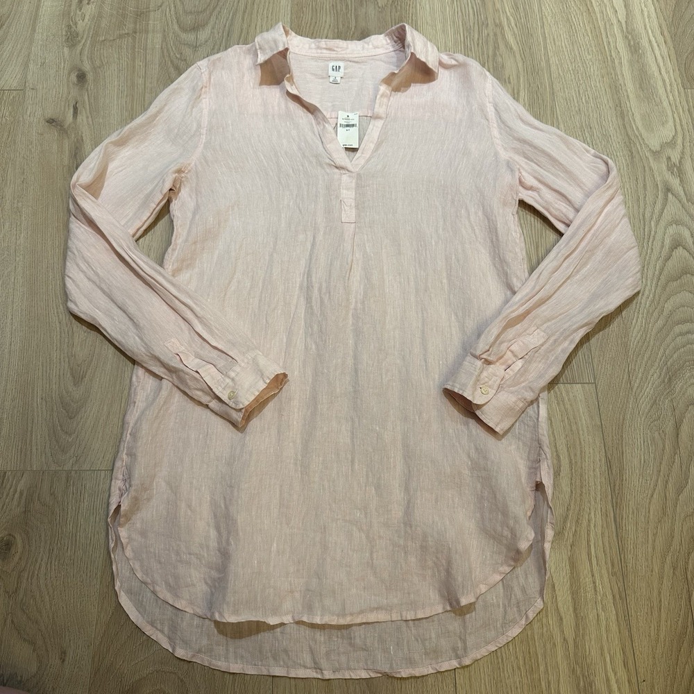 Gap Women's 100% Linen Pink Tunic Shirt Size ST Popover Split Neck Coastal‎